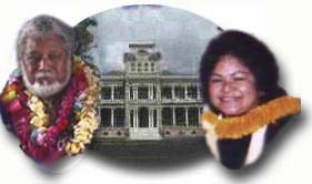 Majesty and Wahine Akahi Nui with the `Iolani Palace in the background. Majesty coronated there Feb.22, 1998